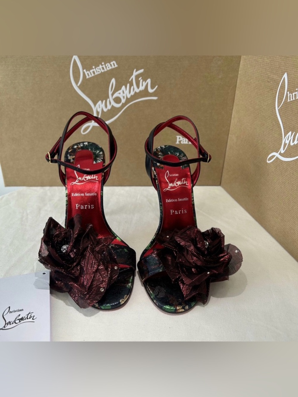 Christian Louboutin Red Floral-Embellished Satin Ankle-Strap Heels